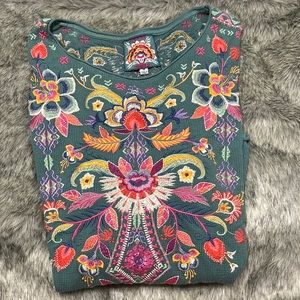 Johnny Was teal embroidered sweater